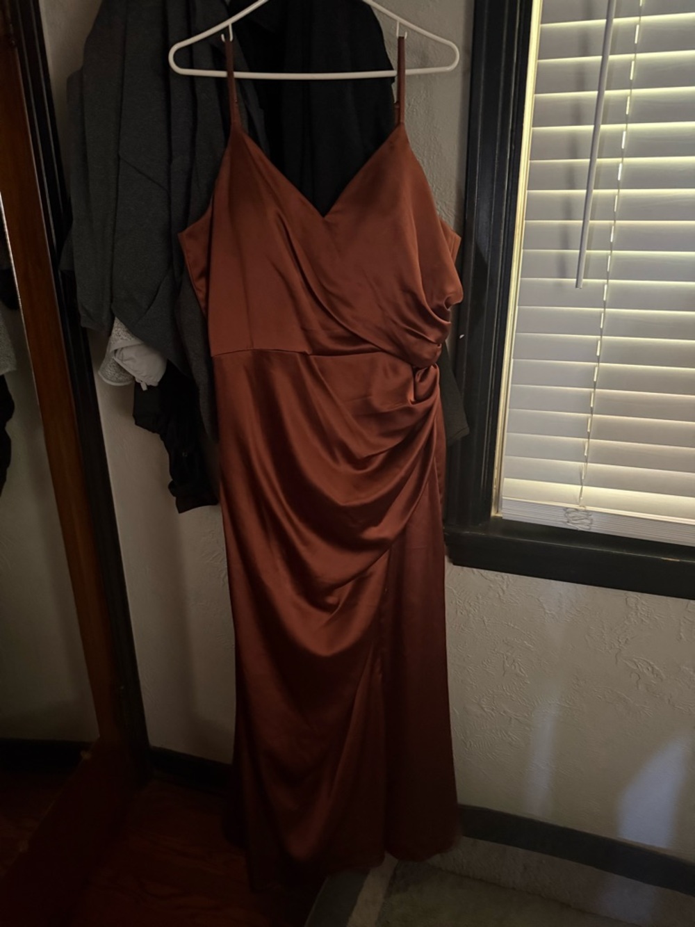 Azazie Satin Slip Dress in Copper Brown with Side Drape
